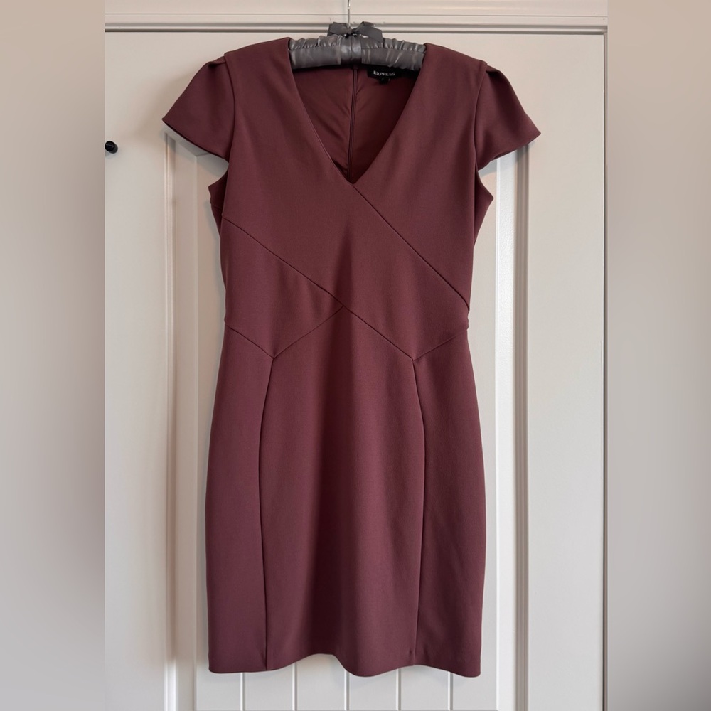 Express Size Medium Dusty Rose Lined, Fitted Dress.  V-neck & cap sleeves.